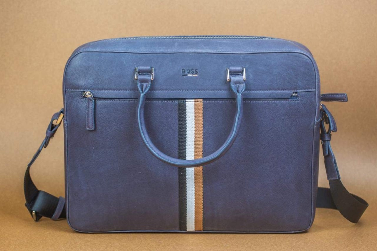 BOSS Tan Leather Briefcase Messenger Bag