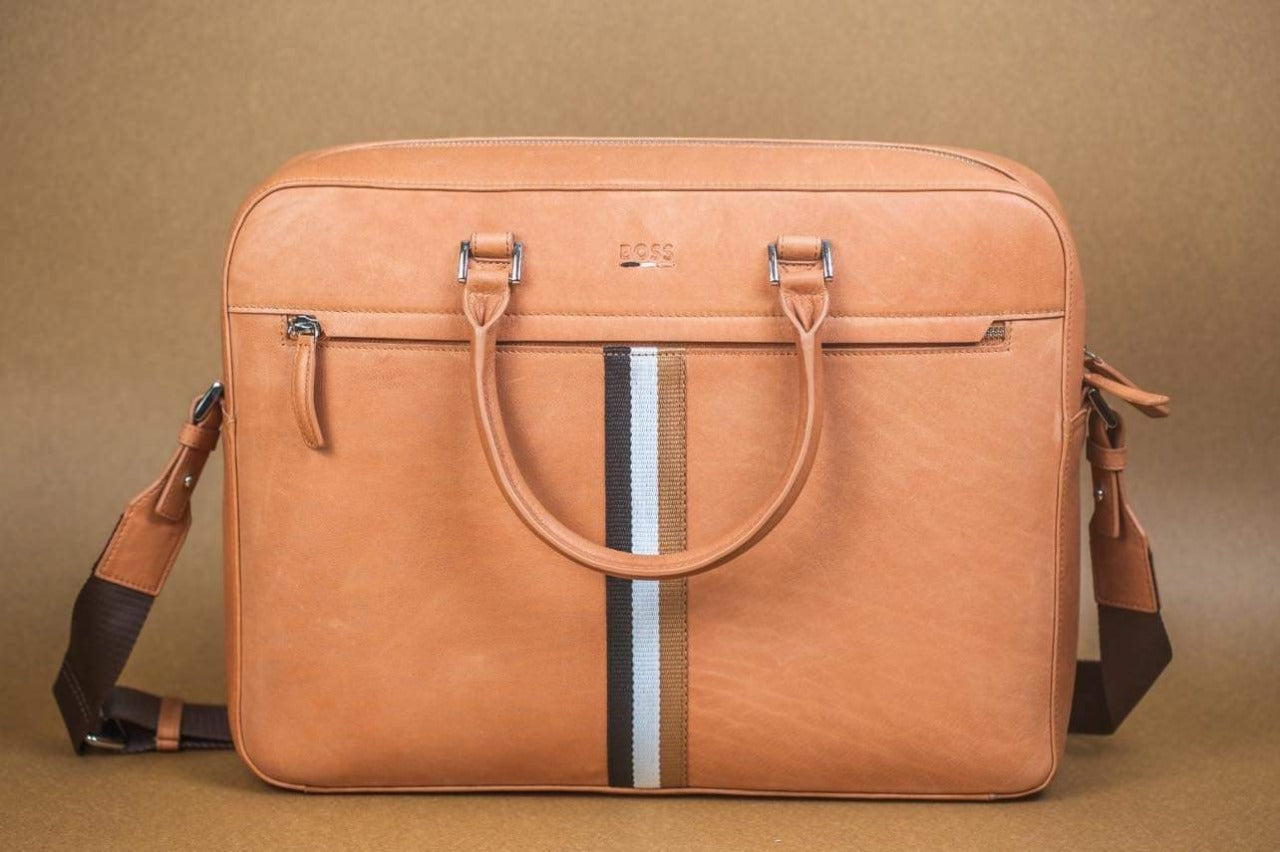 BOSS Tan Leather Briefcase Messenger Bag